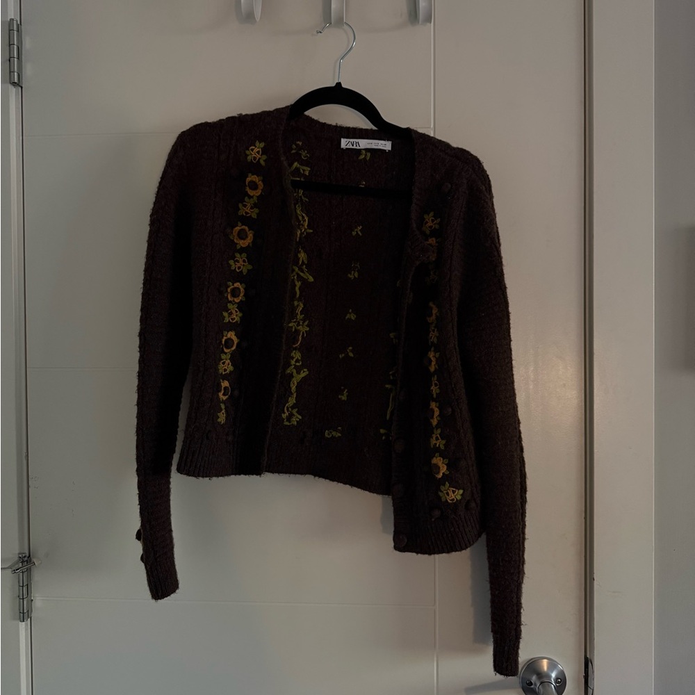 Zara Dark Brown Cardigan with Sunflower Embroidery